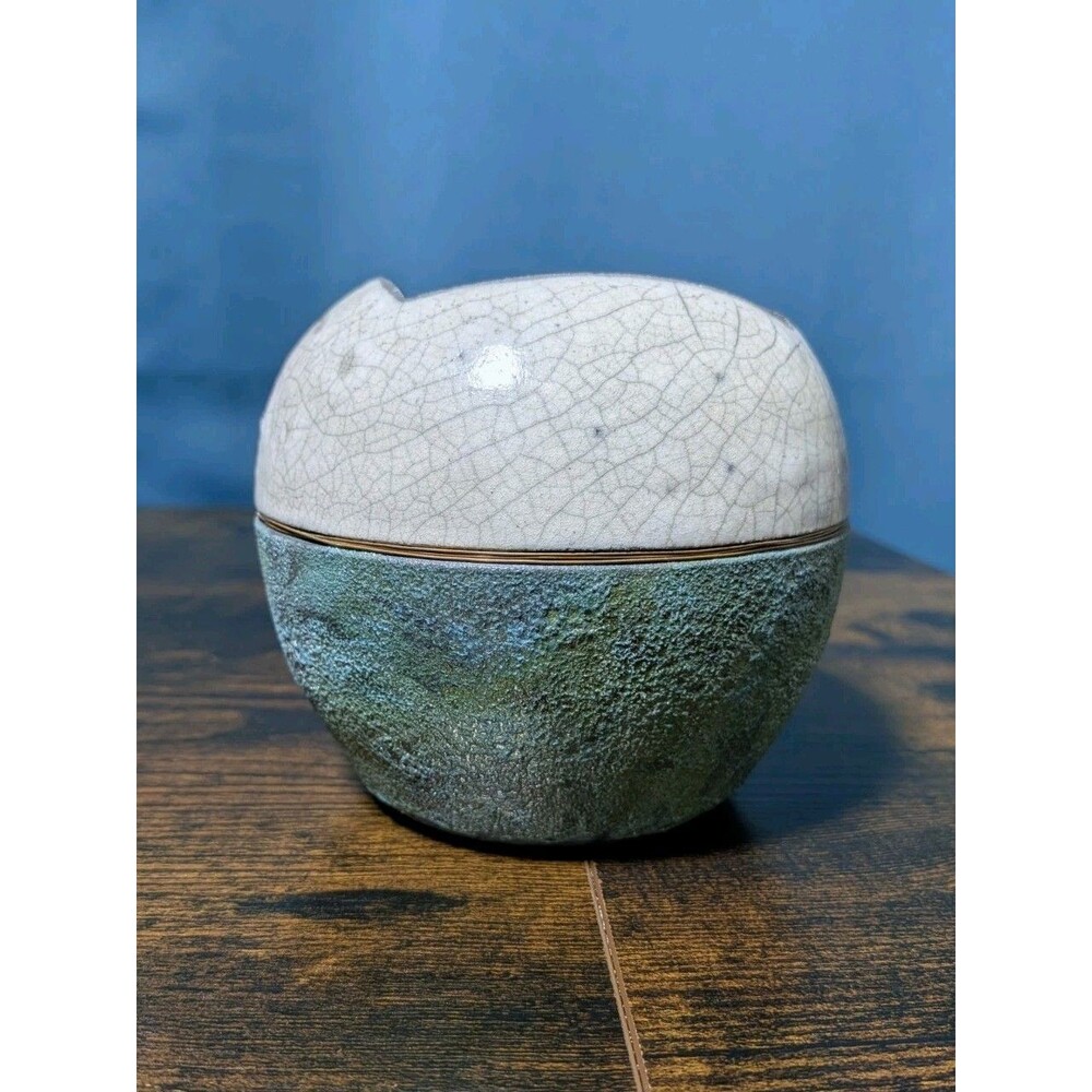 Raku Pottery Round Vase Turquoise Textured Bottom Artist Signed 80s Vintage